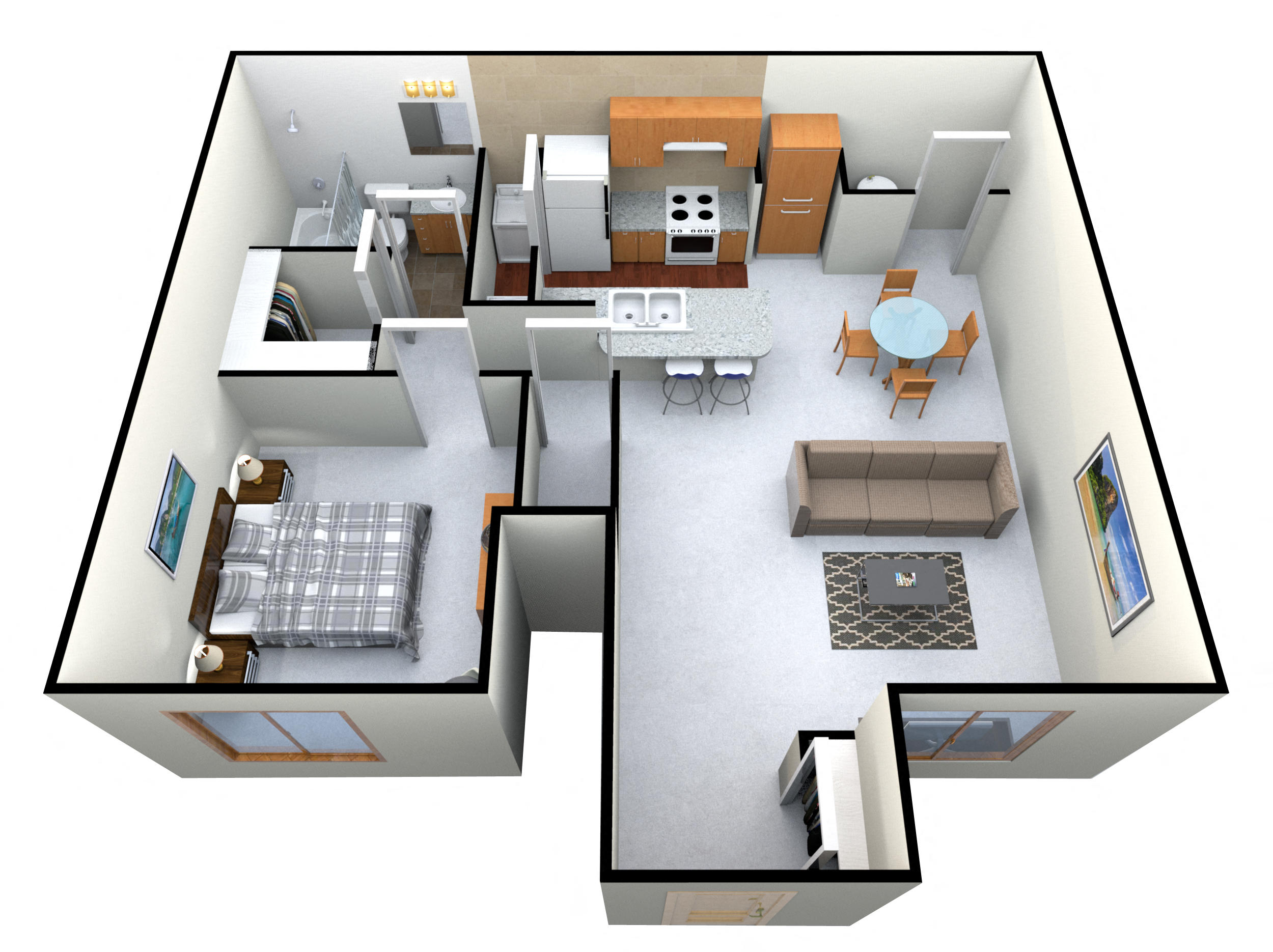 Floor plan for 1 bed, 1 bath, 770 sqft